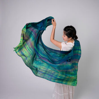 100% Mulberry Silk Scarf, Emerald Green, Aurora Borealis In Gift Box, 3 of 10