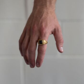 Men's Silver Black Quartz Gemstone Signet Ring, 3 of 12