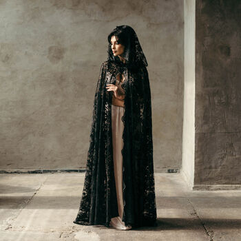 Black Lace Hooded Cape – Bridal Lace Cloak, 6 of 12