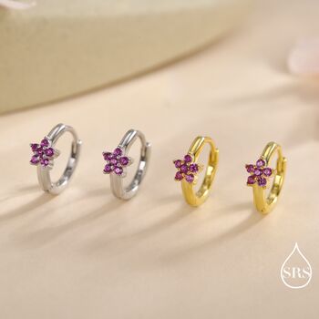 Sterling Silver Ruby Pink Cz Flower Huggie Hoops, 6 of 12