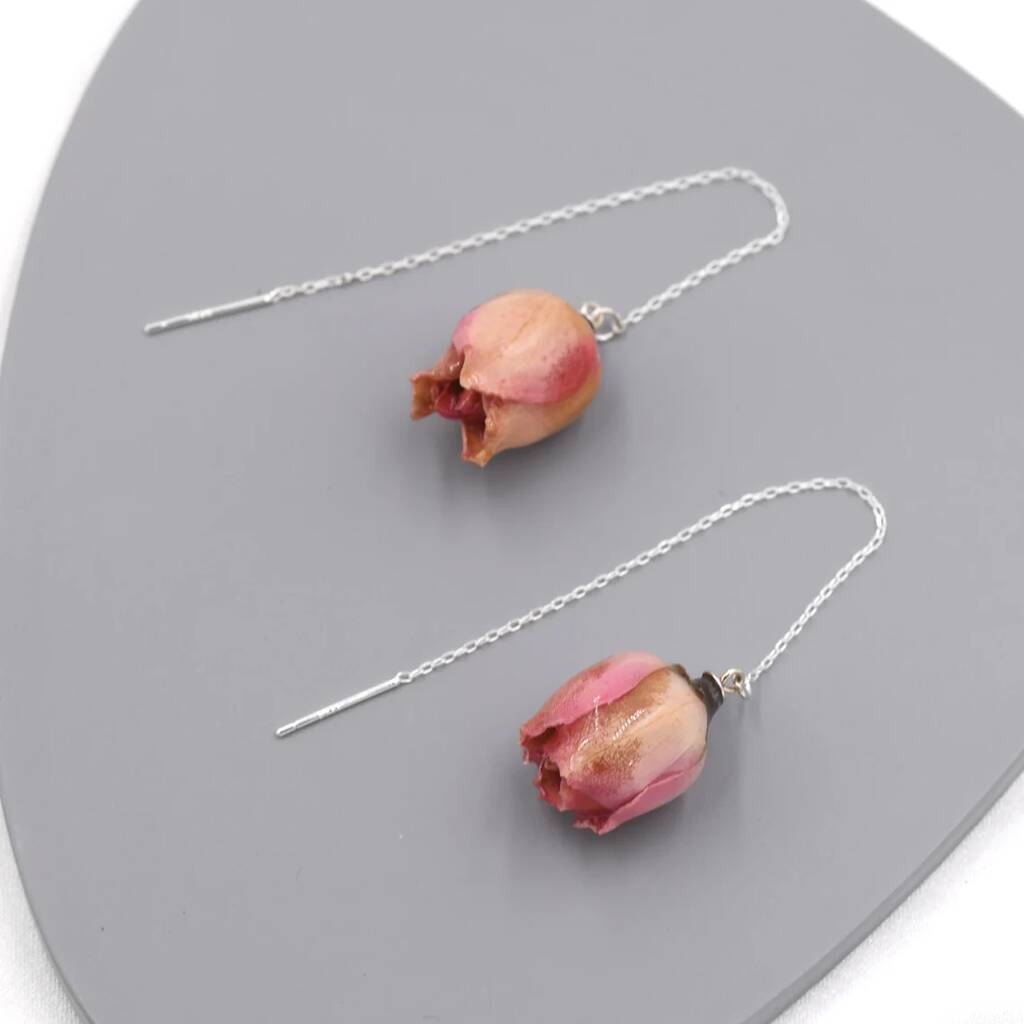 Real Rose Flower Threader Earrings In Sterling Silver By Silver Rain Silver