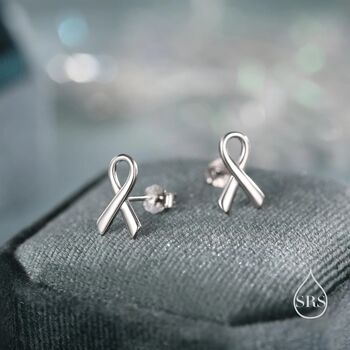 Sterling Silver Pink Ribbon Stud Earrings, 3 of 12