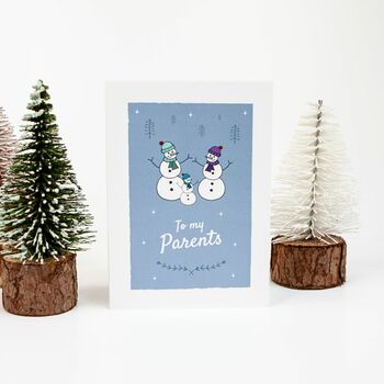 'To My Parents' Christmas Card For Parents, Snowmen, 3 of 10