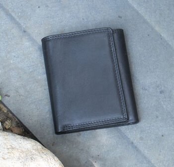 Men's Luxury Black Leather Wallet Flapover Design Trifold Rfid Protected Personalised, 3 of 8