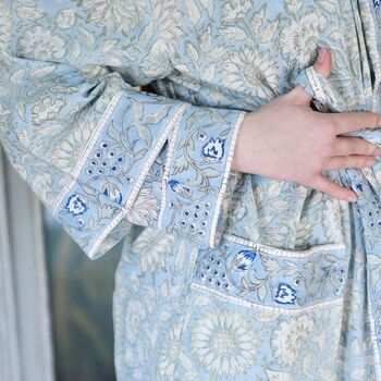 Block Printed Blue Cornflower Cotton Dressing Gown, 3 of 5
