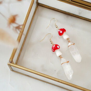 Gold Plate Red Mushroom And Raw Quartz Earrings, 2 of 5