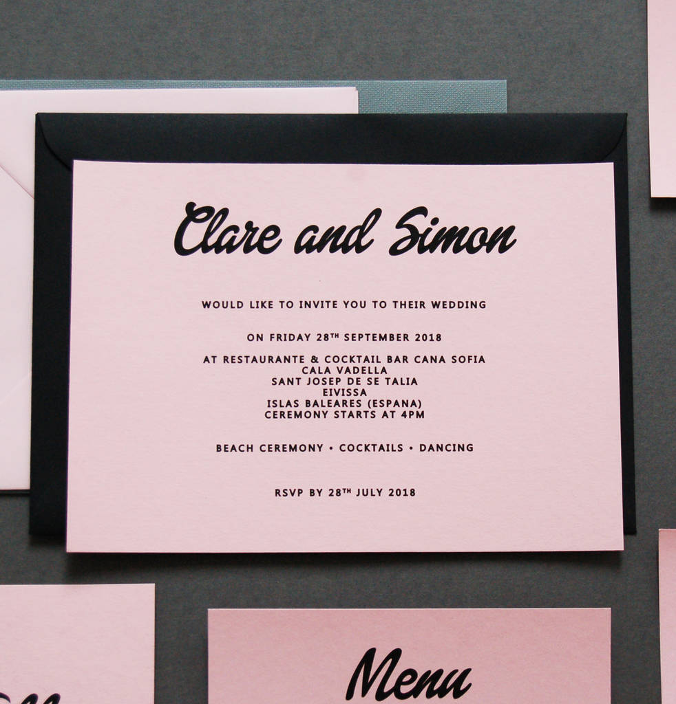 pink and black wedding invitation invite by made with love designs ltd | notonthehighstreet.com