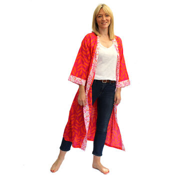 Long Cotton Kimono Magenta And Orange Large Leaf, 2 of 4