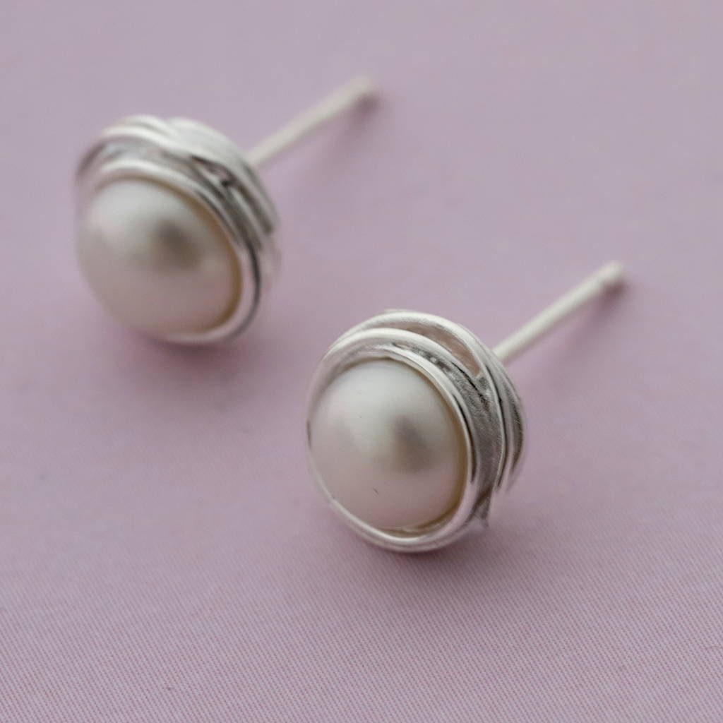 silver wrapped pearl ear studs earrings by attic | notonthehighstreet.com