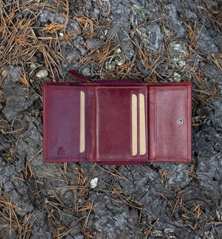 Women's Luxury Bordeaux Leather Small Trifold Purse Rfid Protected Personsalised, 5 of 7