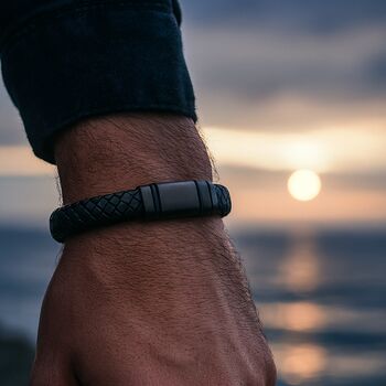 Men's Adjustable Black Leather Bracelet | Genuine Thick 12mm Woven Leather With Black Snap Clasp, 2 of 5