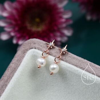 Tiny Starburst And Dangle Pearl Stud Earrings, 8 of 11