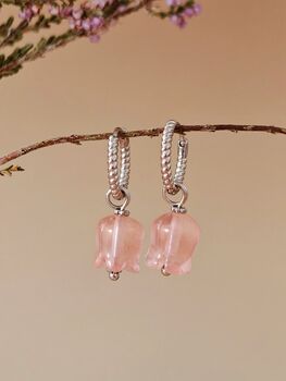 Natural Rose Quartz Lily Twisted Huggie Hoop Earrings, 5 of 10