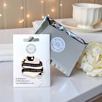 Large Happiness Is A Cup Of Tea And A Good Book Hard Enamel Pin Badge, Gift For Book Lovers, 2 of 9