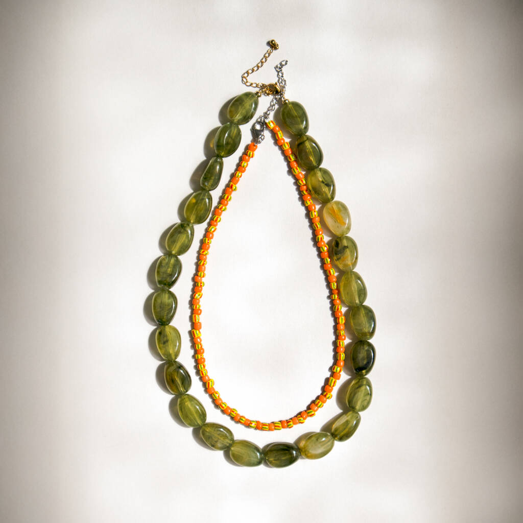 Olive And Orange Bead Necklace Set Of Two, 1 of 3