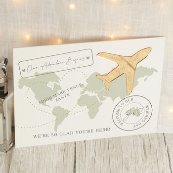 Destination World Map And Aeroplane Welcome To Our Wedding Sign, 2 of 5