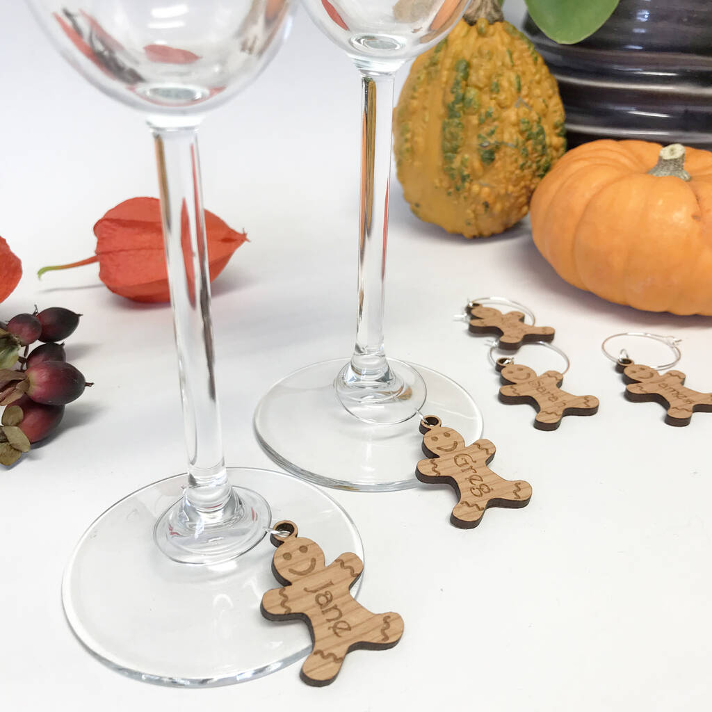 Personalised Five Gingerbread Wine Glass Charms By Hickory Dickory