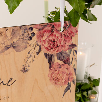 Peony Wedding Welcome Sign In Wood, 4 of 6