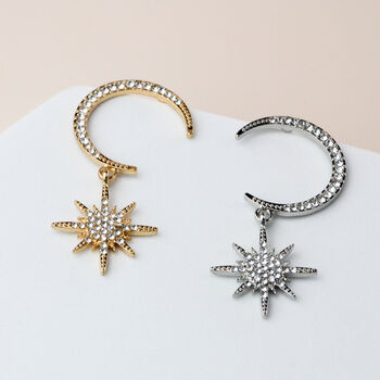 Sparkly Crescent Moon And Star Dangle Stud Earrings, 2 of 7