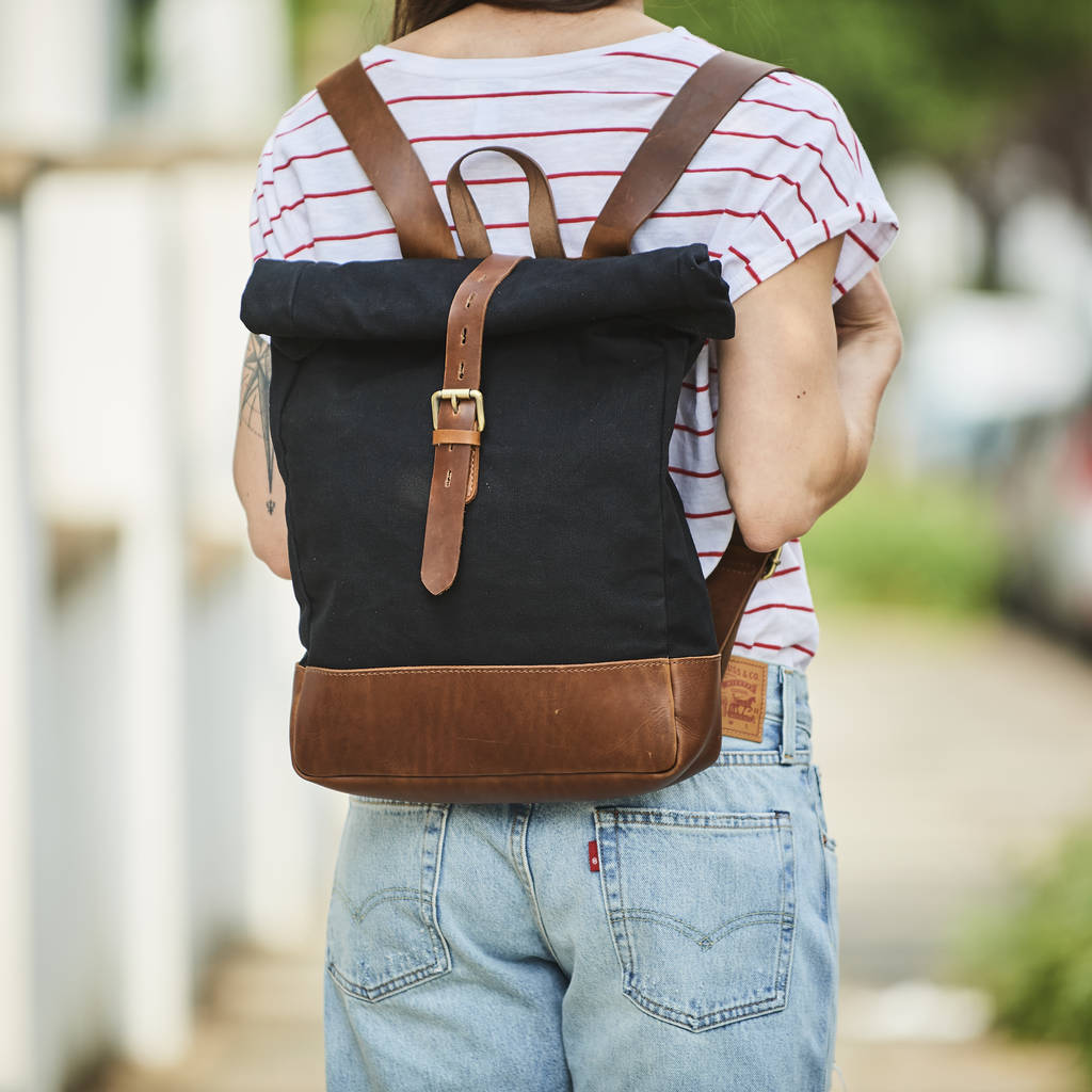 Canvas And Leather Rolltop Backpack By Vida Vida