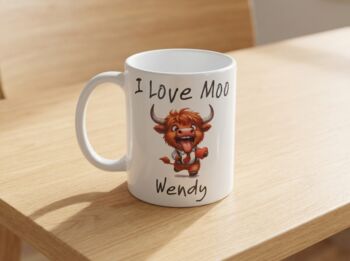 Valentines Day Mug Highland Cow Personalised Mug, 5 of 5