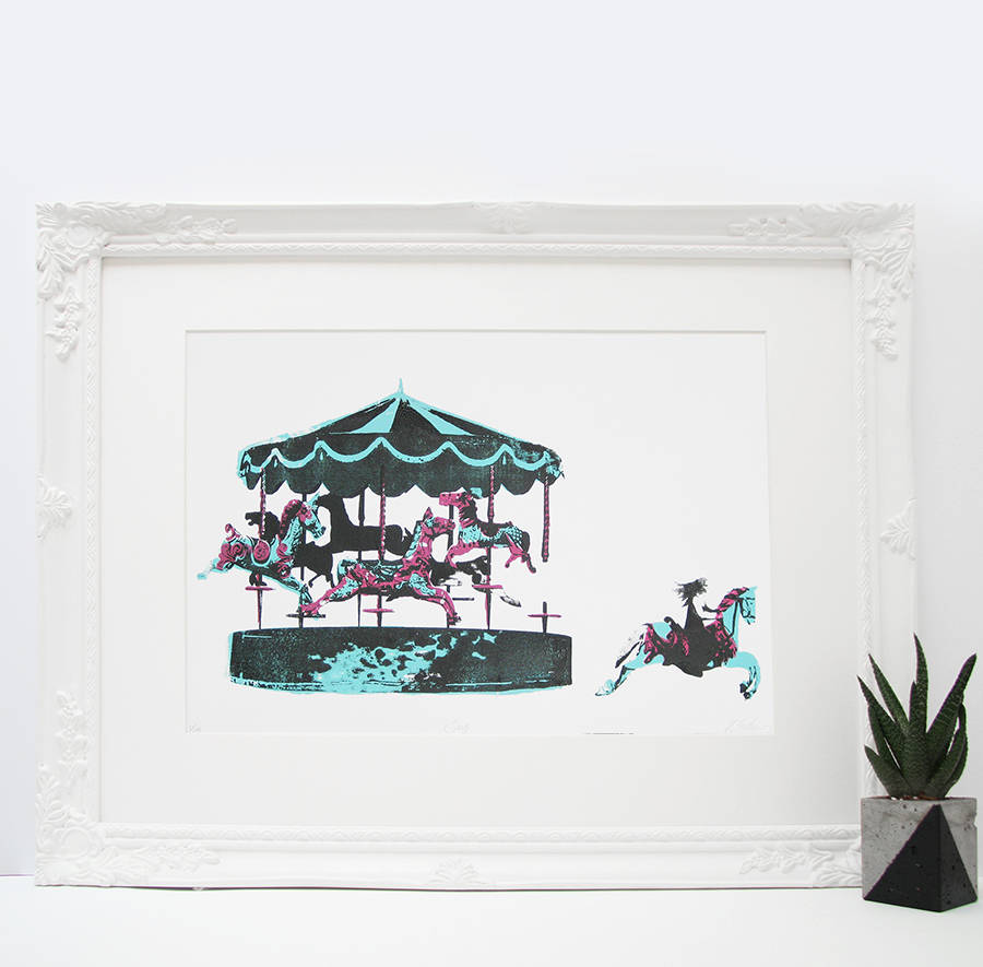 Joy Merry Go Round Carousel Horse Screen Print By Katie Edwards Joy Ornate Frame With A Mount