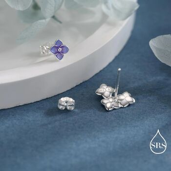 Asymmetric Hand Painted Enamel Hydrangea Flower Bouquet Stud Earrings In Sterling Silver, 4 of 12