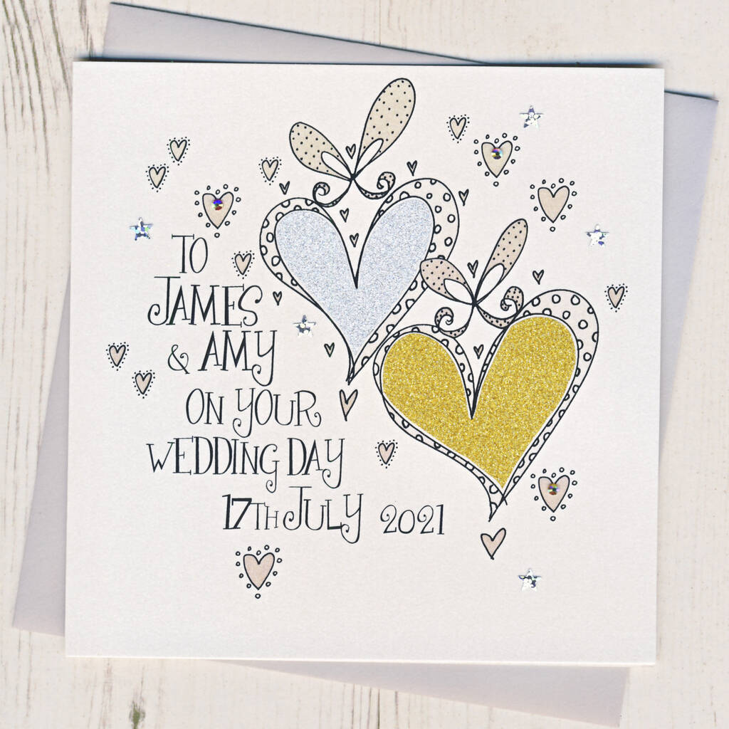 Personalised Glittery Hearts Wedding Card