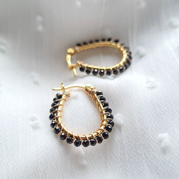 Black Spinel And Gold Wire Wrapped Hoop Earrings, 3 of 6