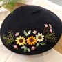 Black Beret Hat With Hand Embroidery Flower, thumbnail 5 of 6