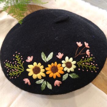 Black Beret Hat With Hand Embroidery Flower, 5 of 6