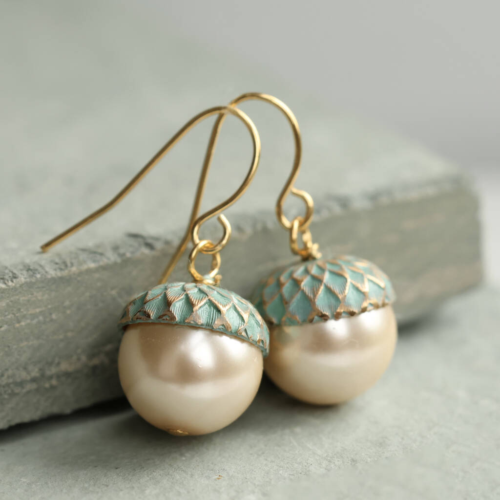 Verdigris Pearl Gold Acorn Earrings, 1 of 10