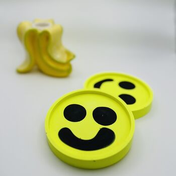 Smiley Face Coasters/ Trays Neon Yellow Set Of Two, 10 of 12