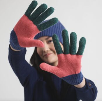 Miss Pompom Navy Colourblock Wool Gloves, 3 of 4