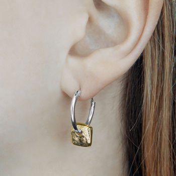 Silver Hoop Earrings With Vermeil Square, 3 of 5