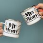 Mr And Mrs Personalised Enamel Mug Wedding Set, thumbnail 1 of 4