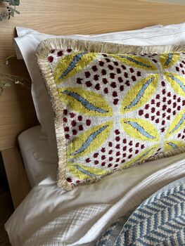 Modern, Oblong, Velvet, Ikat, Cushion With Cream Silk Tassels Blue, Yellow, Burgundy And Cream Abstract Design, 6 of 8
