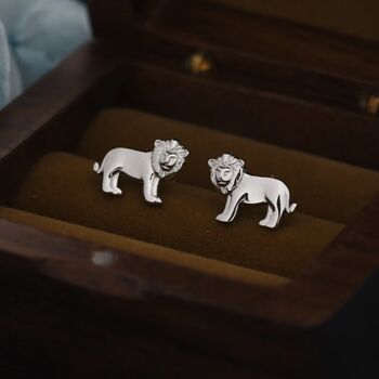 Tiny Lion Stud Earrings In Sterling Silver, 2 of 11