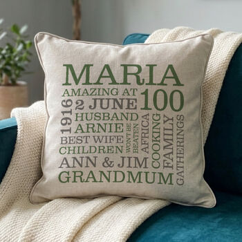 Personalised 100th Birthday Word Art Cushion, 6 of 8