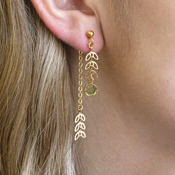 Double Drop Leaf Chain Birthstone Earrings, 3 of 11