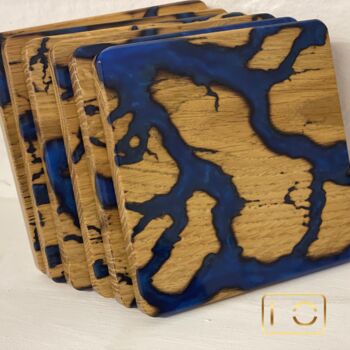 Handmade Wooden Resin Coaster Set Of Six Blue, 3 of 5