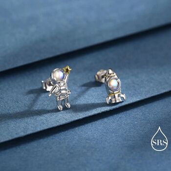 Mismatched Astronaut And Rocket Stud Earrings In Sterling Silver With Simulated Moonstone, 3 of 11