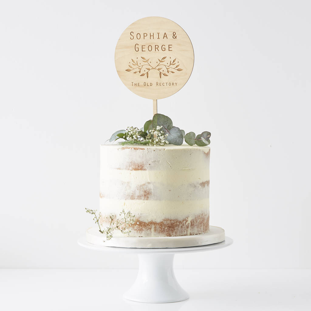 Engraved Botanical Personalised Wedding Cake Topper, 1 of 6