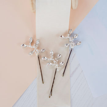 Set Of Three Diamante And Pearl Bridal Pins, 3 of 7