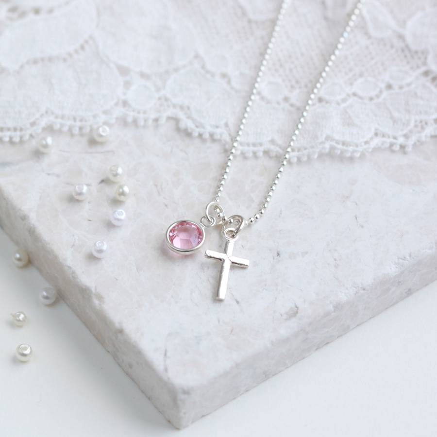 Silver Cross Personalised Birthstone Necklace By Adore Baby