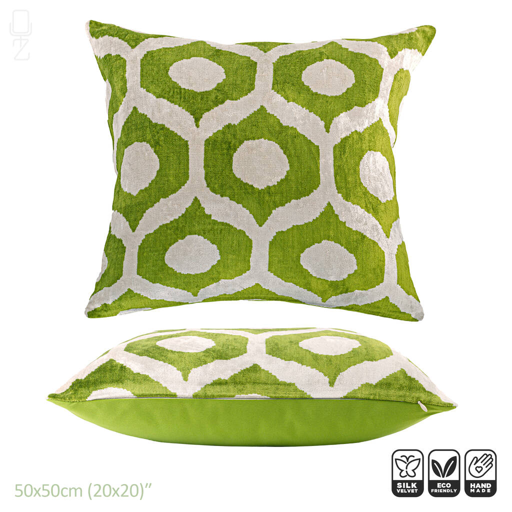 Green IKAT Velvet Decorative Pillow Cover with Traditional Pattern | selling Frontside is 100% Silk Velvet, Backside is Soft Green Fabric, OEKO-TEX®