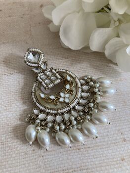 White Antique Gold Chand Bali Indian Earrings, 3 of 9