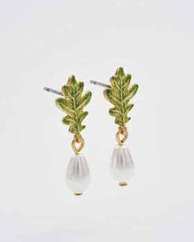 Oak Leaf Pearl Drop Gold Earrings, 3 of 8