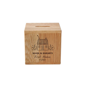 Personalised 'First Home Fund' Oak Money Box | Wooden Money Box | Saving | Piggy Bank | New Home | Wedding Gift, 2 of 2