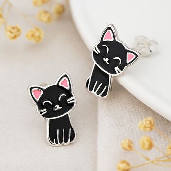 Sterling Silver Black Cat Stud Earrings – 12mm, 2 of 6